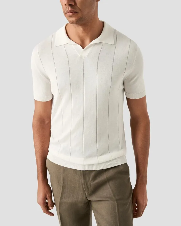 Men Open Collar Polo Shirt White Eton Knitwear