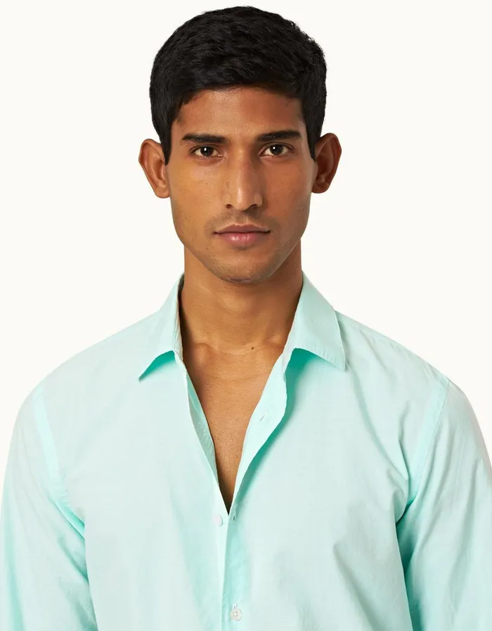 Men Orlebar Brown Shirts Giles Chainstitch Clear Skywhite
