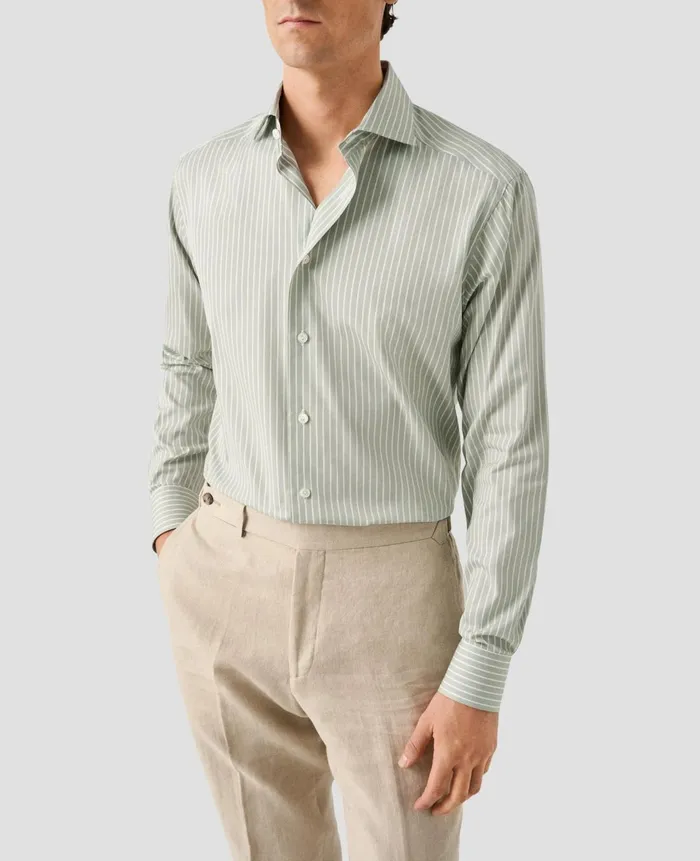 Men Striped Cotton Silk Shirt Green Eton Casual Shirts