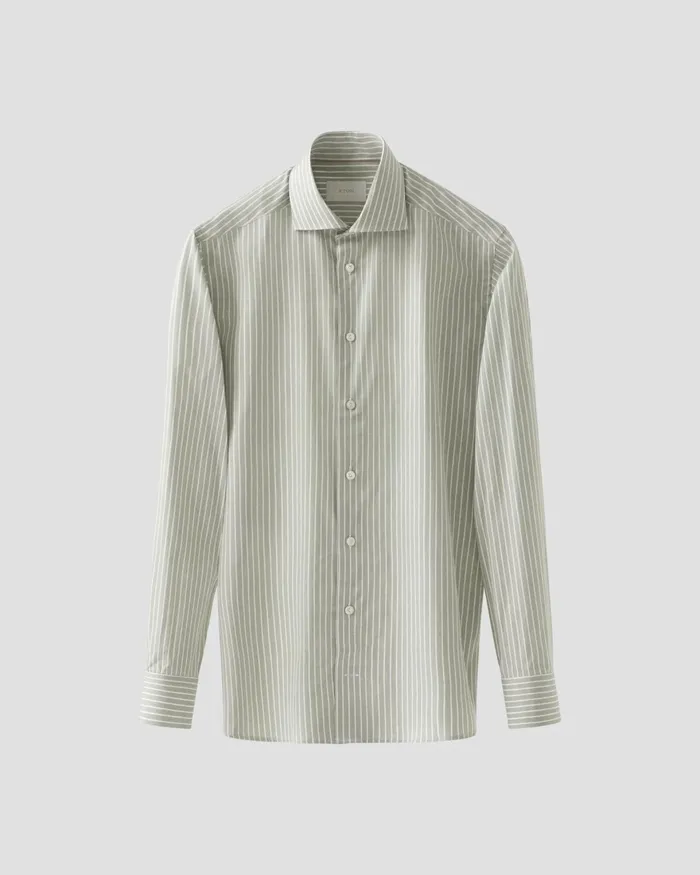 Men Striped Cotton Silk Shirt Green Eton Casual Shirts Men Striped Cotton Silk Shirt Green Eton Casual Shirts