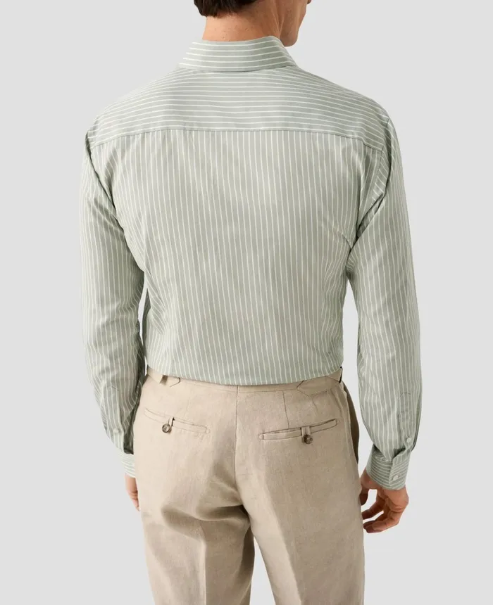 Men Striped Cotton Silk Shirt Green Eton Casual Shirts Men Striped Cotton Silk Shirt Green Eton Casual Shirts