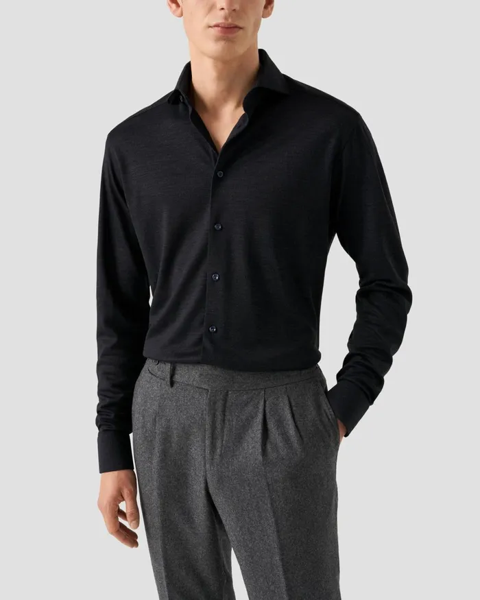 Men TENCEL and Wool Knitted Shirt Blue Eton Dress Shirts
