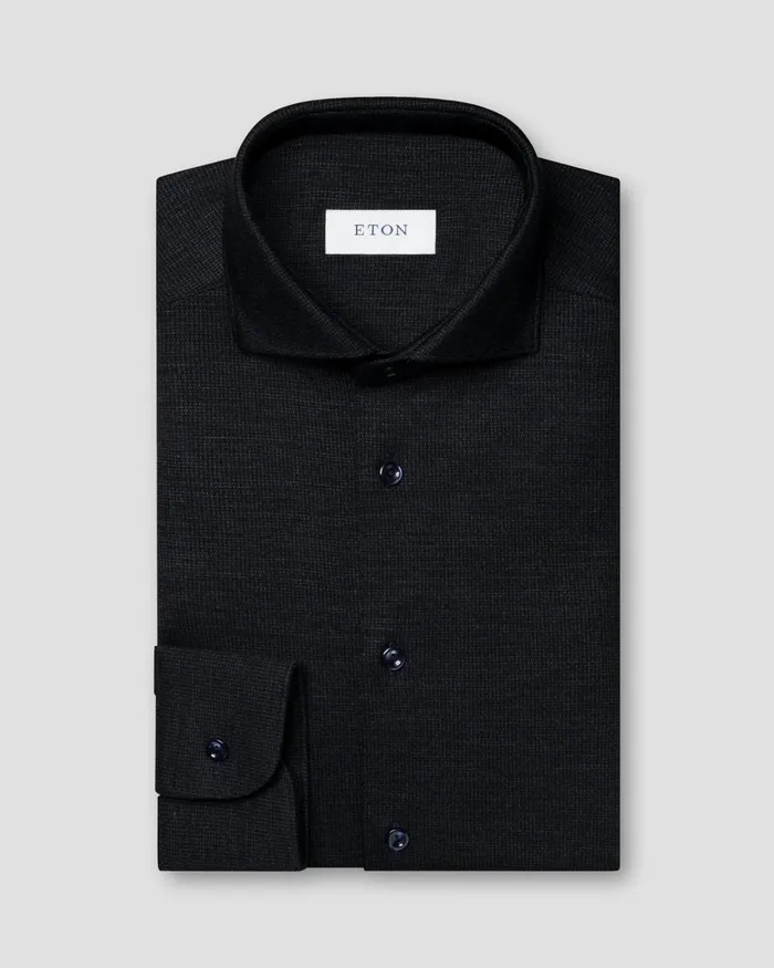 Men TENCEL and Wool Knitted Shirt Blue Eton Dress Shirts Men TENCEL and Wool Knitted Shirt Blue Eton Dress Shirts