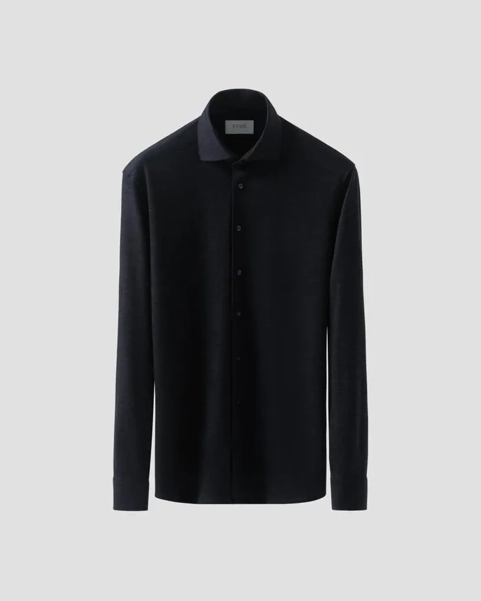 Men TENCEL and Wool Knitted Shirt Blue Eton Dress Shirts Men TENCEL and Wool Knitted Shirt Blue Eton Dress Shirts