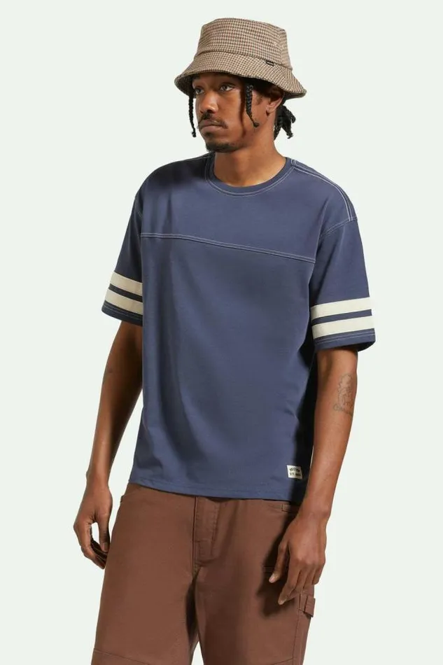 Men Varsity Heavyweight Football TShirt Washed Navy Brixton TShirts