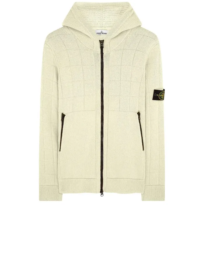 Mens 579B7 Hooded Knitted Cardigan In Butter Stone Island Knitwear
