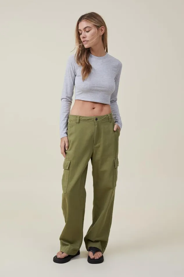 Micro Crop Long Sleeve Top Grey Marle Women Cotton On Tops