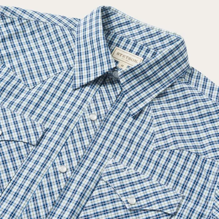 Modern Snap Front Shirt In Mini Check Blue Men Stetson Western Shirts