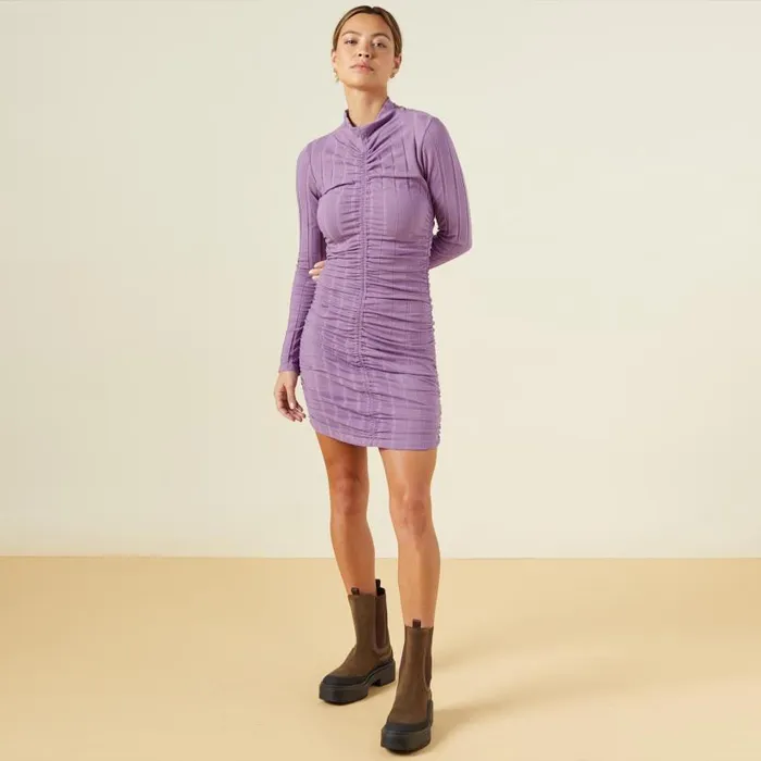 MONROW DRESSES Flat Rib Mock Shirred Dress Aster Purple 8211 Shop