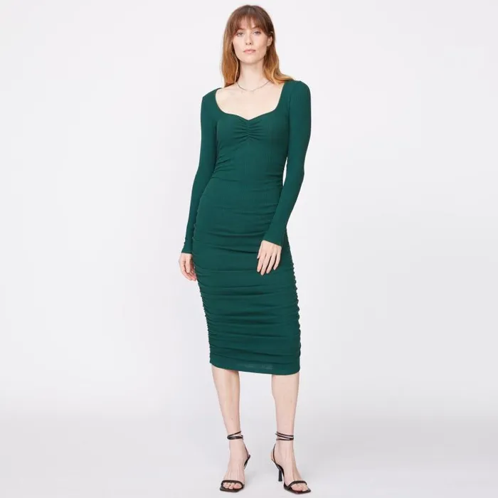 MONROW DRESSES Rib Shirred Long Sleeve Dress Deep Forest 8211 Shop