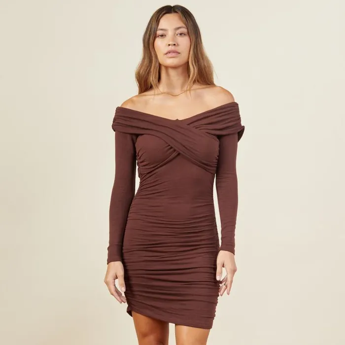 MONROW DRESSES Supersoft Off Shoulder Shirred Dress Dark Oak 8211 Shop