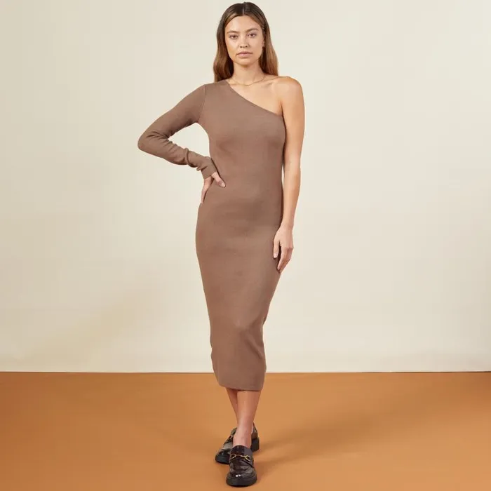 MONROW DRESSES Supersoft Sweater Knit One Shoulder Dress Dusty Cocoa 8211 Shop