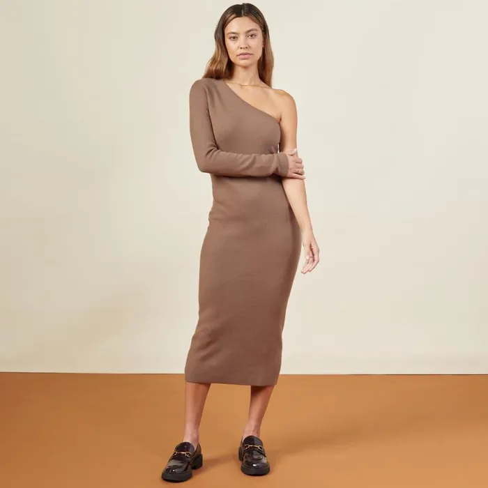 MONROW DRESSES Supersoft Sweater Knit One Shoulder Dress Dusty Cocoa 8211 Shop