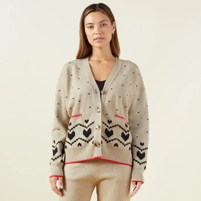 MONROW KNITS Supersoft Sweater Knit Heart Fair Isle Cardigan Oatmeal 8211 Shop