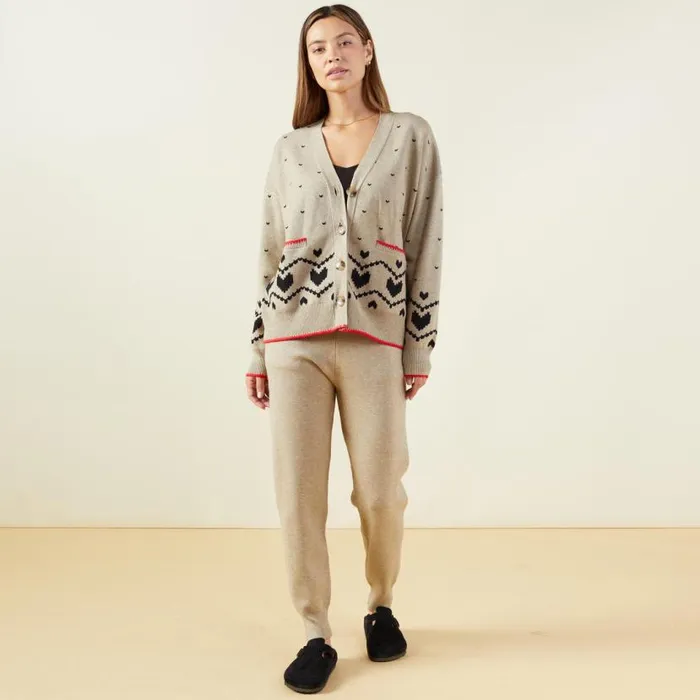 MONROW KNITS Supersoft Sweater Knit Heart Fair Isle Cardigan Oatmeal 8211 Shop