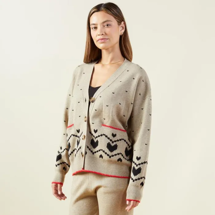 MONROW KNITS Supersoft Sweater Knit Heart Fair Isle Cardigan Oatmeal 8211 Shop