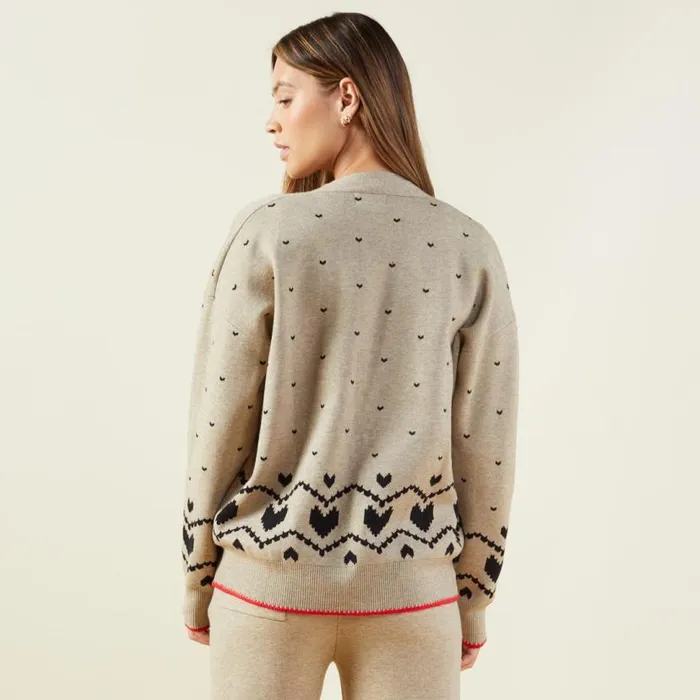 MONROW KNITS Supersoft Sweater Knit Heart Fair Isle Cardigan Oatmeal 8211 Shop