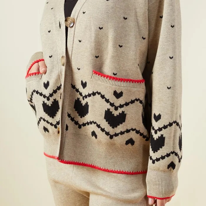 MONROW KNITS Supersoft Sweater Knit Heart Fair Isle Cardigan Oatmeal 8211 Shop