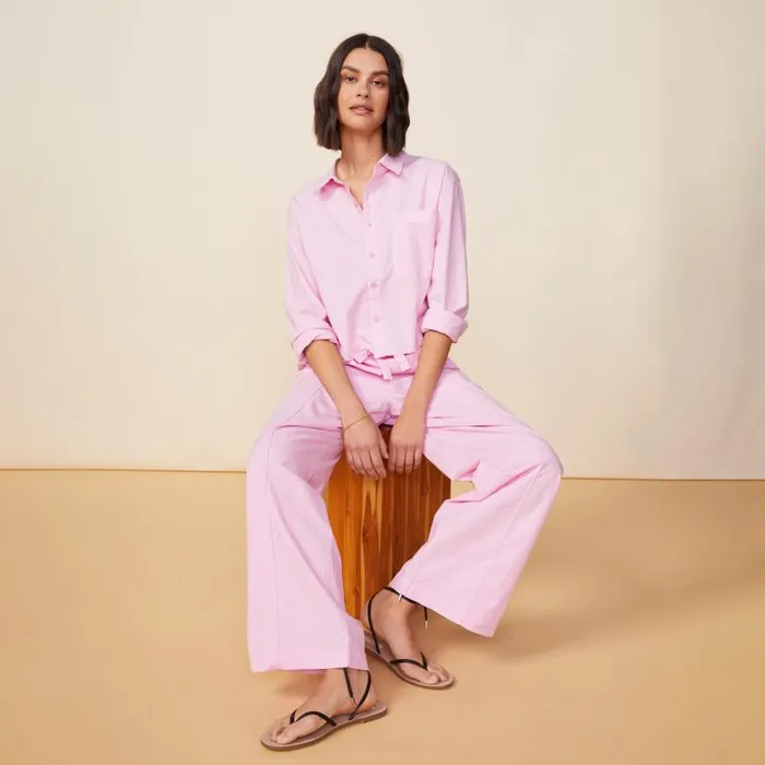 MONROW LONG SLEEVE Cropped Poplin Shirt Pink Lavender 8211 Shop
