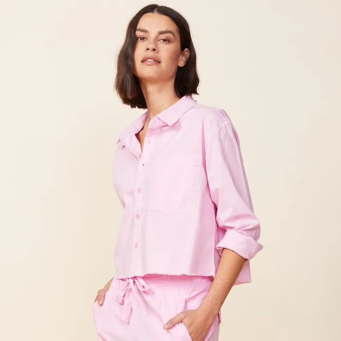 MONROW LONG SLEEVE Cropped Poplin Shirt Pink Lavender 8211 Shop
