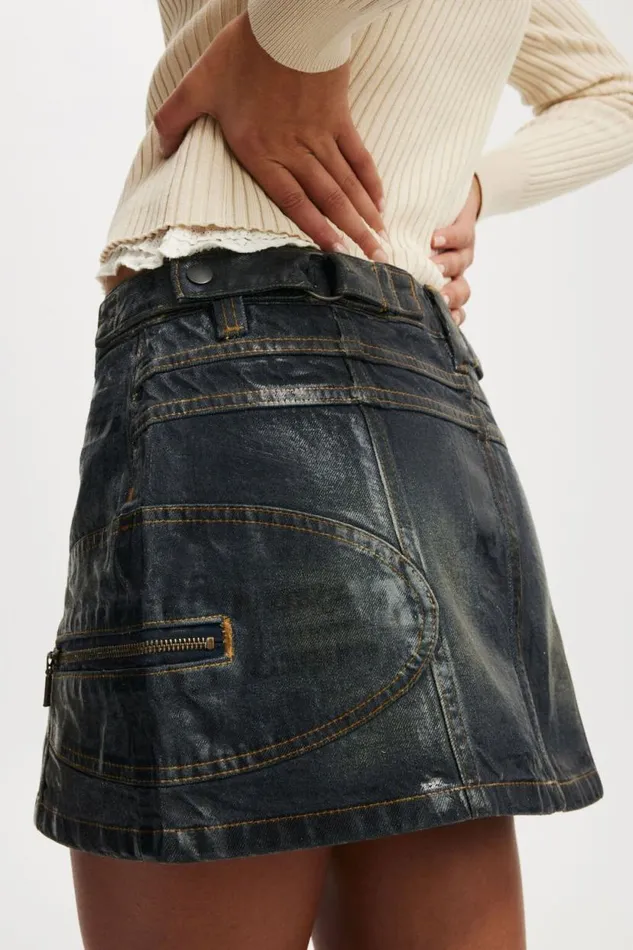 Moto Denim Mini Skirt Wet Lookslate Women Cotton On Skirts