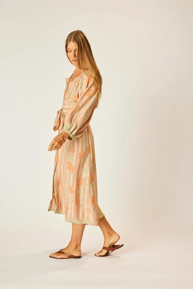 Natalie Martin ALEX MIDI DRESS WITH SASH Chamomile Apricot Shop Dresses