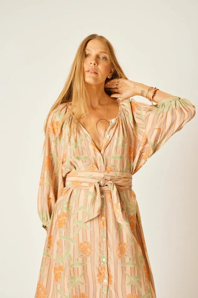 Natalie Martin ALEX MIDI DRESS WITH SASH Chamomile Apricot Shop Dresses