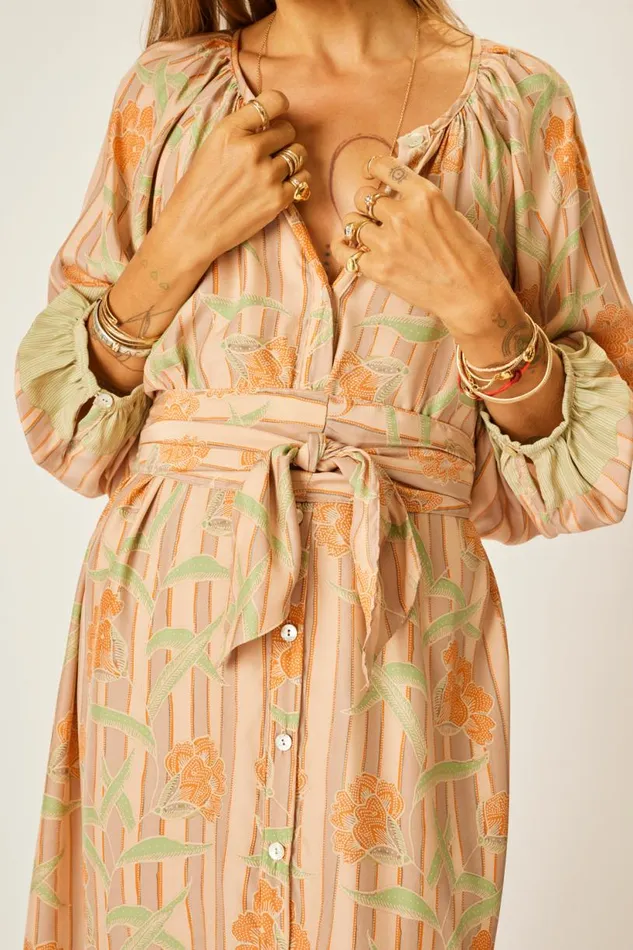 Natalie Martin ALEX MIDI DRESS WITH SASH Chamomile Apricot Shop Dresses