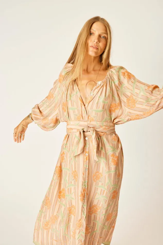 Natalie Martin ALEX MIDI DRESS WITH SASH Chamomile Apricot Shop Dresses