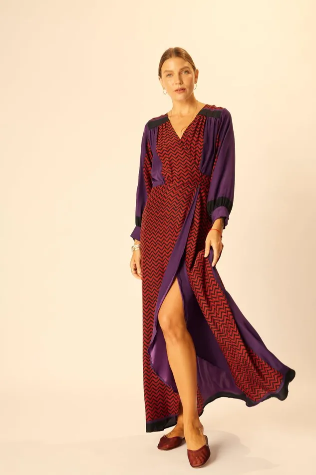 Natalie Martin KATE LONG SLEEVE MAXI Block Zigzag Aubergine Shop Dresses