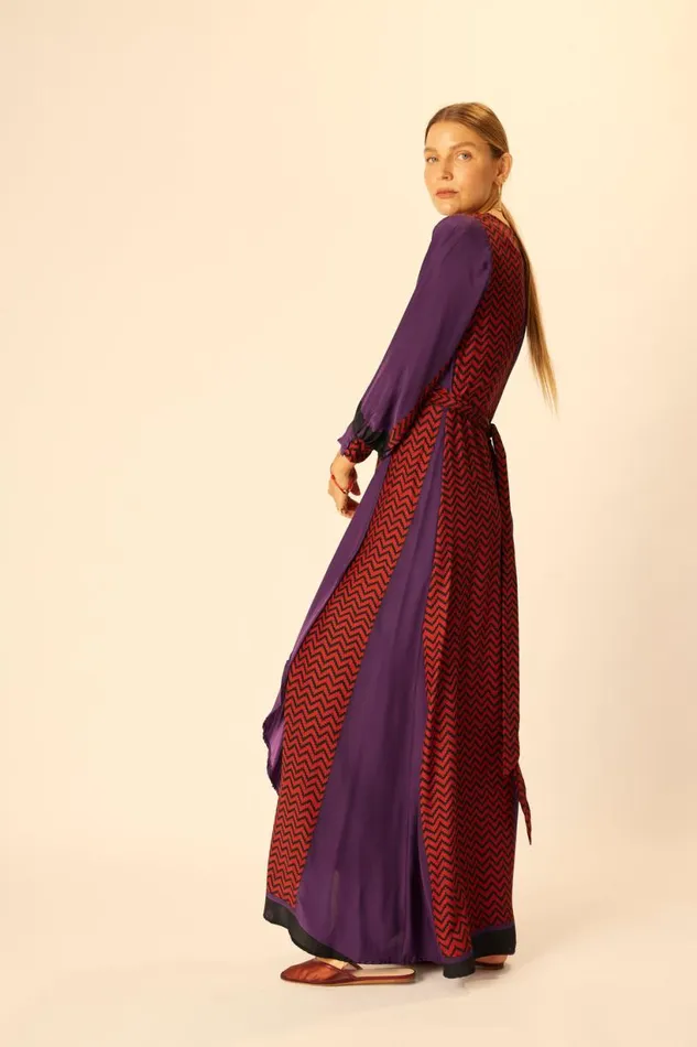 Natalie Martin KATE LONG SLEEVE MAXI Block Zigzag Aubergine Shop Dresses