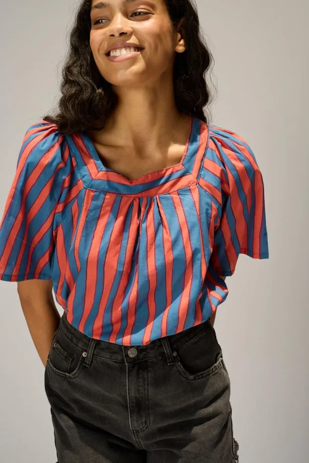 Natalie Martin NIKKI TOP Batik Stripe Blood Orange Shop Tops