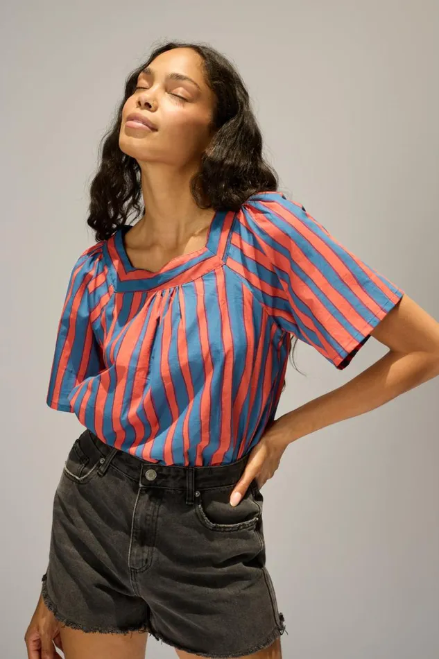 Natalie Martin NIKKI TOP Batik Stripe Blood Orange Shop Tops