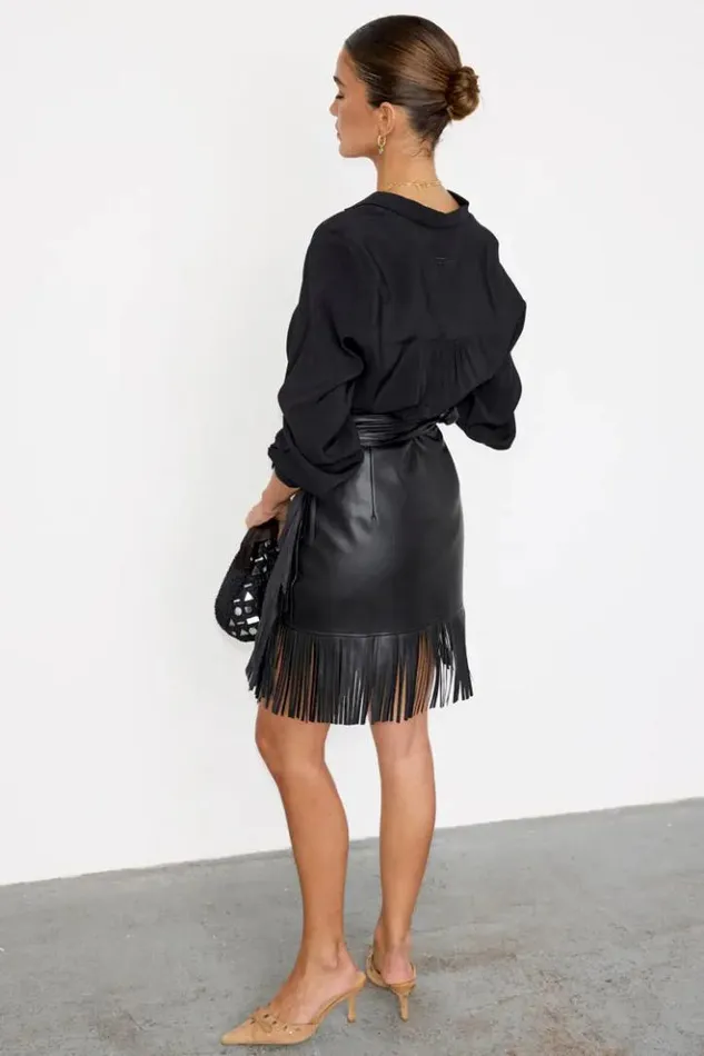 Never Fully Dressed Black Vegan Leather Mini Fringe Jaspre Skirt Women Skirts