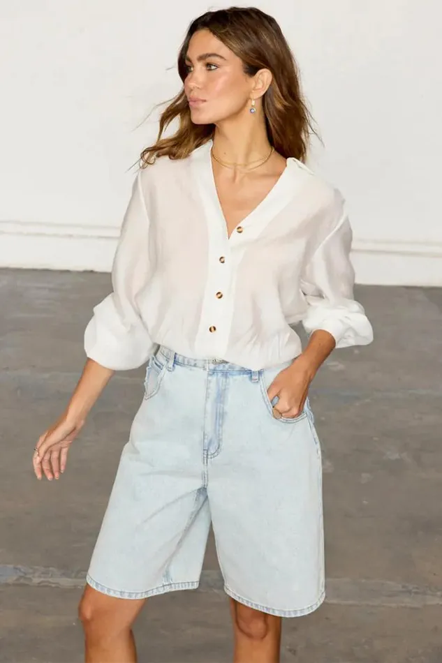 Never Fully Dressed Denim Scallop Pocket Long Shorts Women Trousers and Shorts