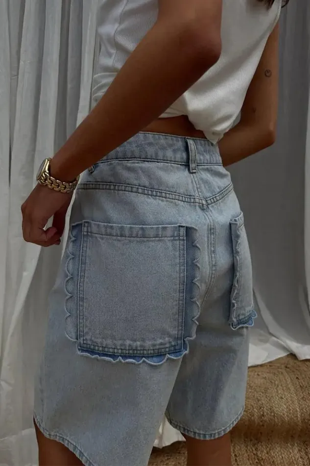 Never Fully Dressed Denim Scallop Pocket Long Shorts Women Trousers and Shorts