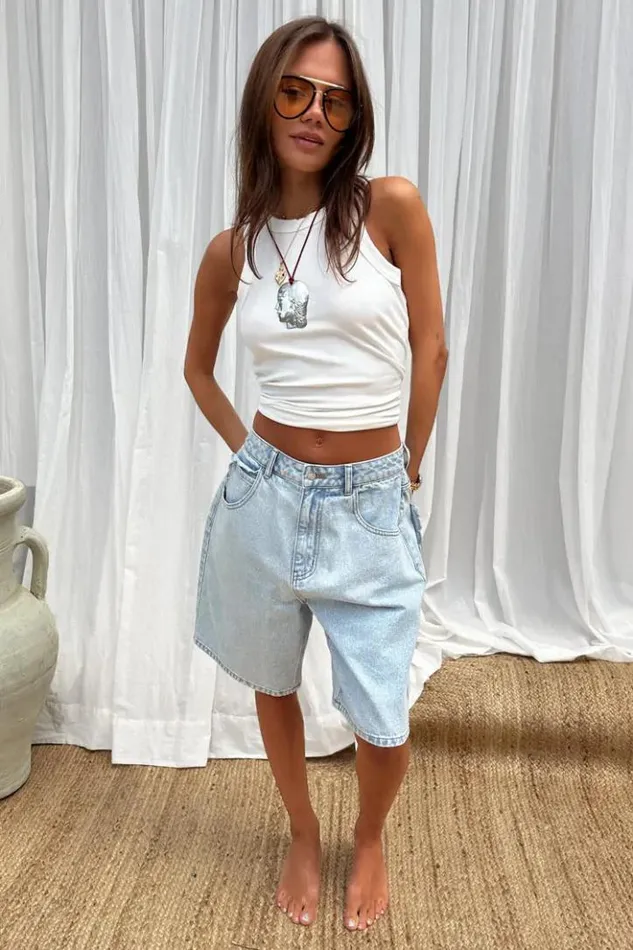 Never Fully Dressed Denim Scallop Pocket Long Shorts Women Trousers and Shorts