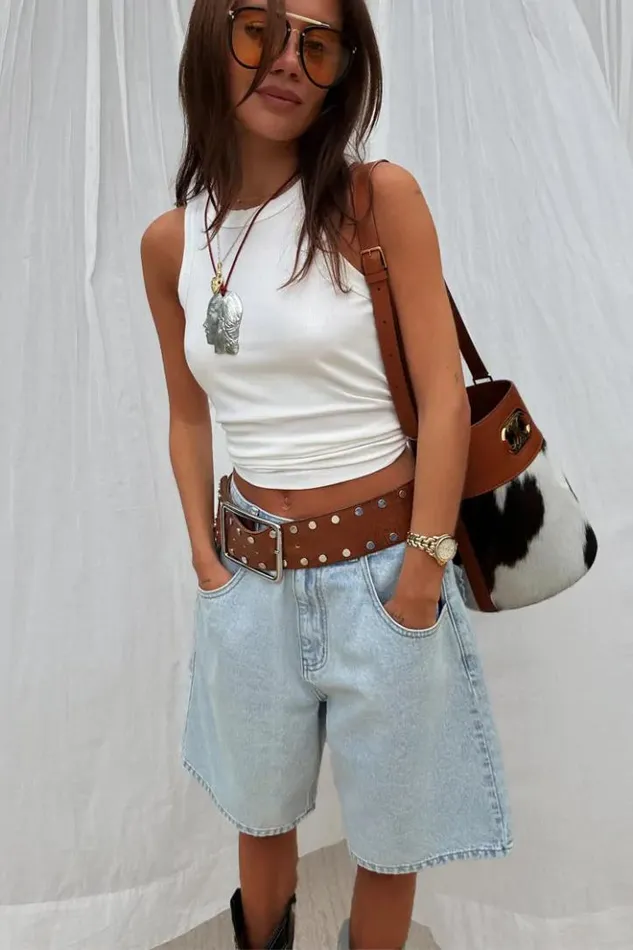 Never Fully Dressed Denim Scallop Pocket Long Shorts Women Trousers and Shorts