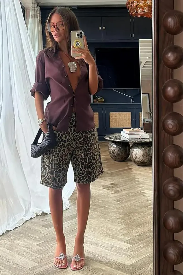 Never Fully Dressed Leopard Lucia Scallop Pocket Long Shorts Women Trousers and Shorts