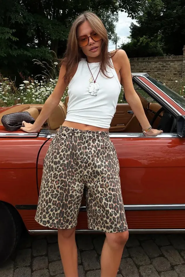 Never Fully Dressed Leopard Lucia Scallop Pocket Long Shorts Women Trousers and Shorts