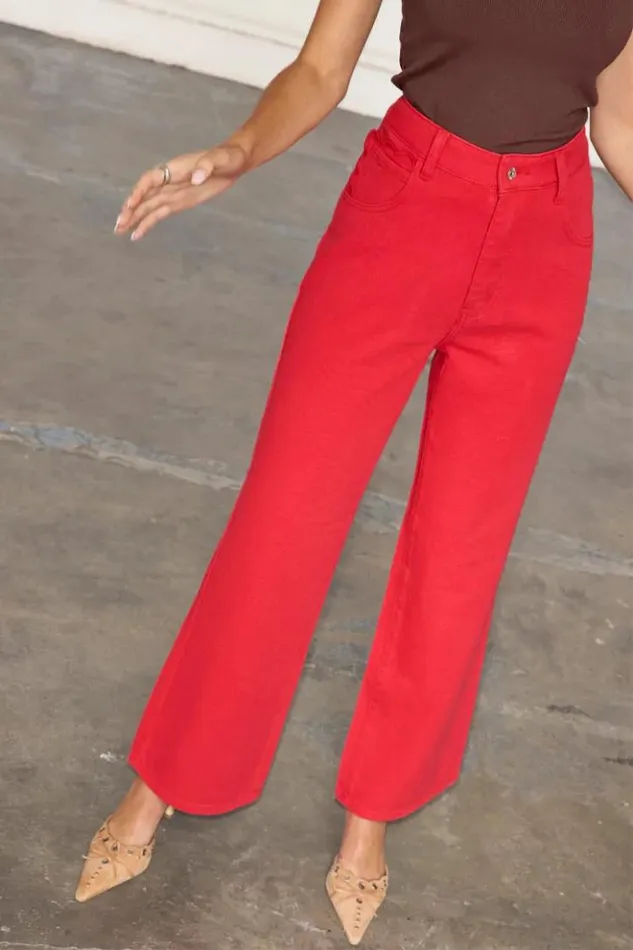 Never Fully Dressed Red Denim Scallop Jeans Women Trousers and Shorts