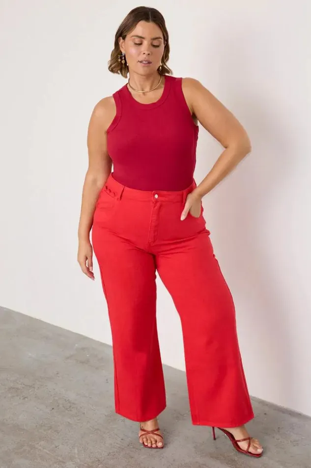 Never Fully Dressed Red Denim Scallop Jeans Women Trousers and Shorts