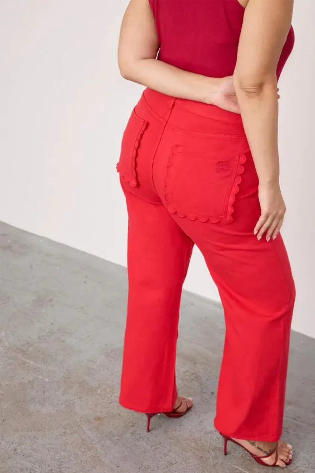 Never Fully Dressed Red Denim Scallop Jeans Women Trousers and Shorts