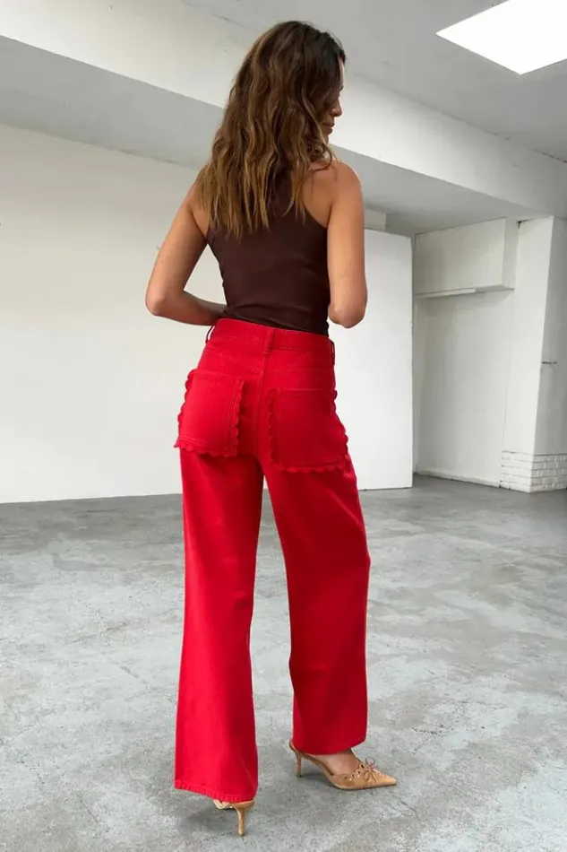 Never Fully Dressed Red Denim Scallop Jeans Women Trousers and Shorts