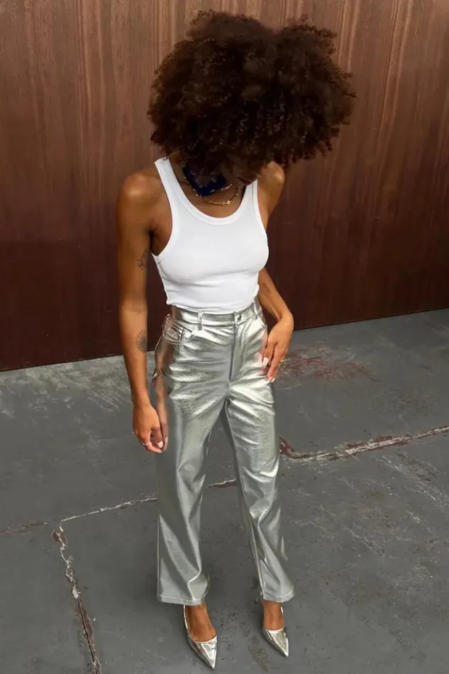 Never Fully Dressed Silver Vegan Leather Trouser Women Vegan Leather