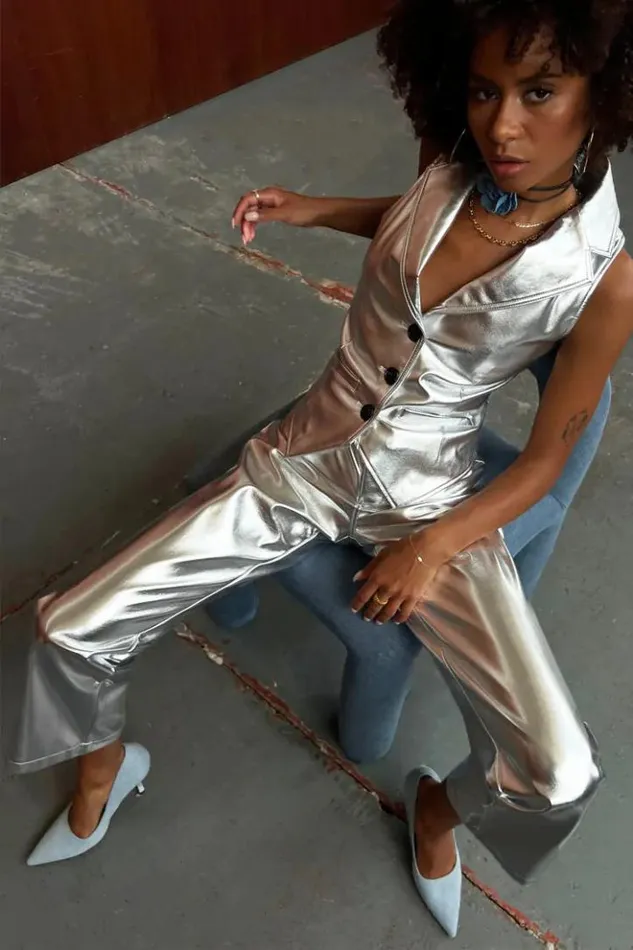 Never Fully Dressed Silver Vegan Leather Trouser Women Vegan Leather