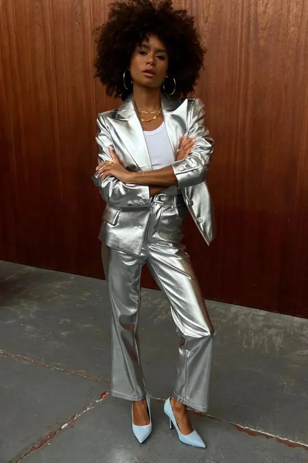 Never Fully Dressed Silver Vegan Leather Trouser Women Vegan Leather