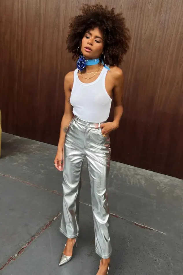 Never Fully Dressed Silver Vegan Leather Trouser Women Vegan Leather
