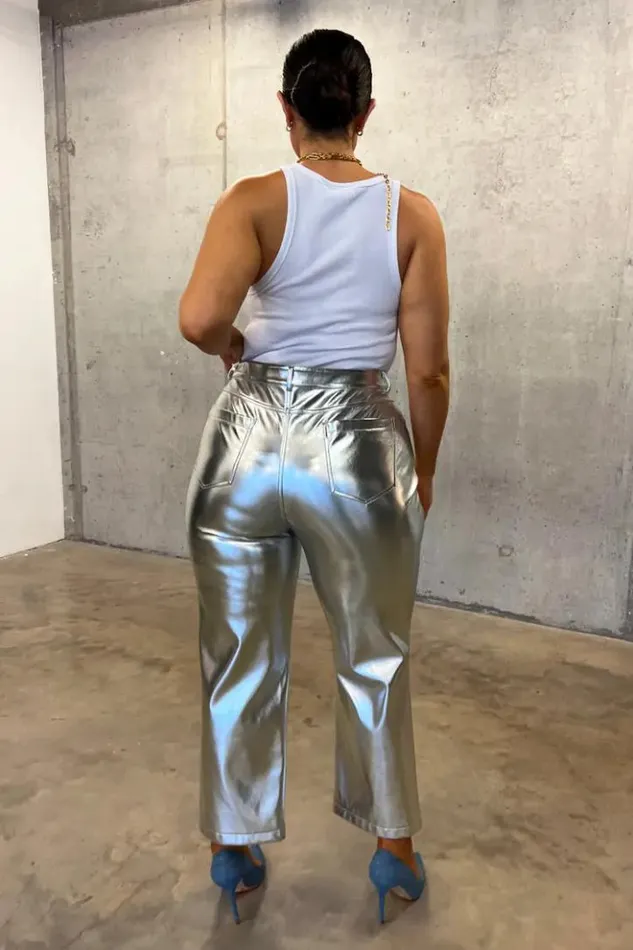 Never Fully Dressed Silver Vegan Leather Trouser Women Vegan Leather