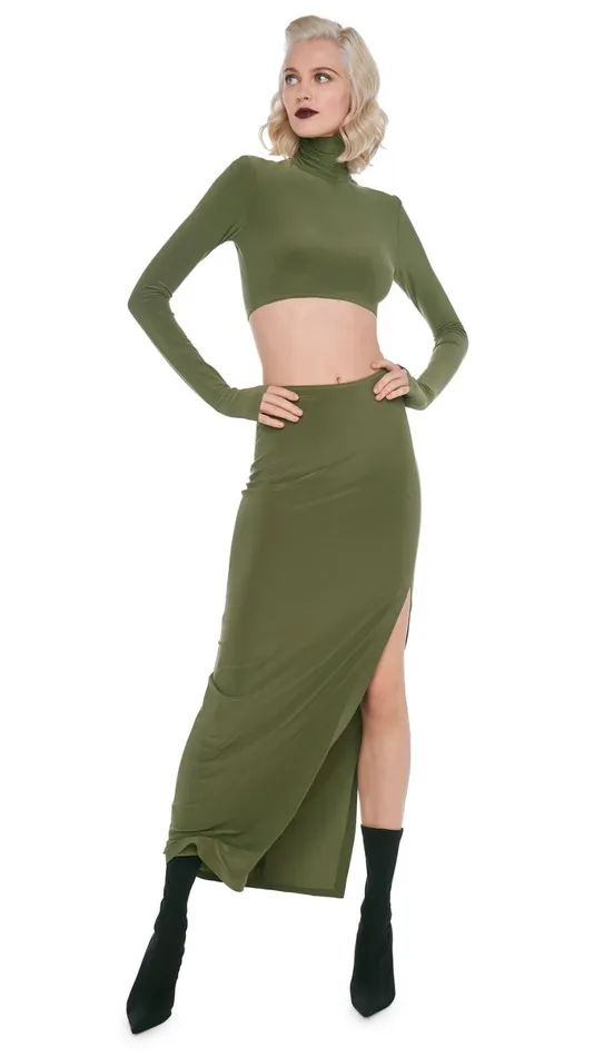 Norma Kamali Bottoms SIDE SLIT LONG SKIRT Military 8211 Clothing
